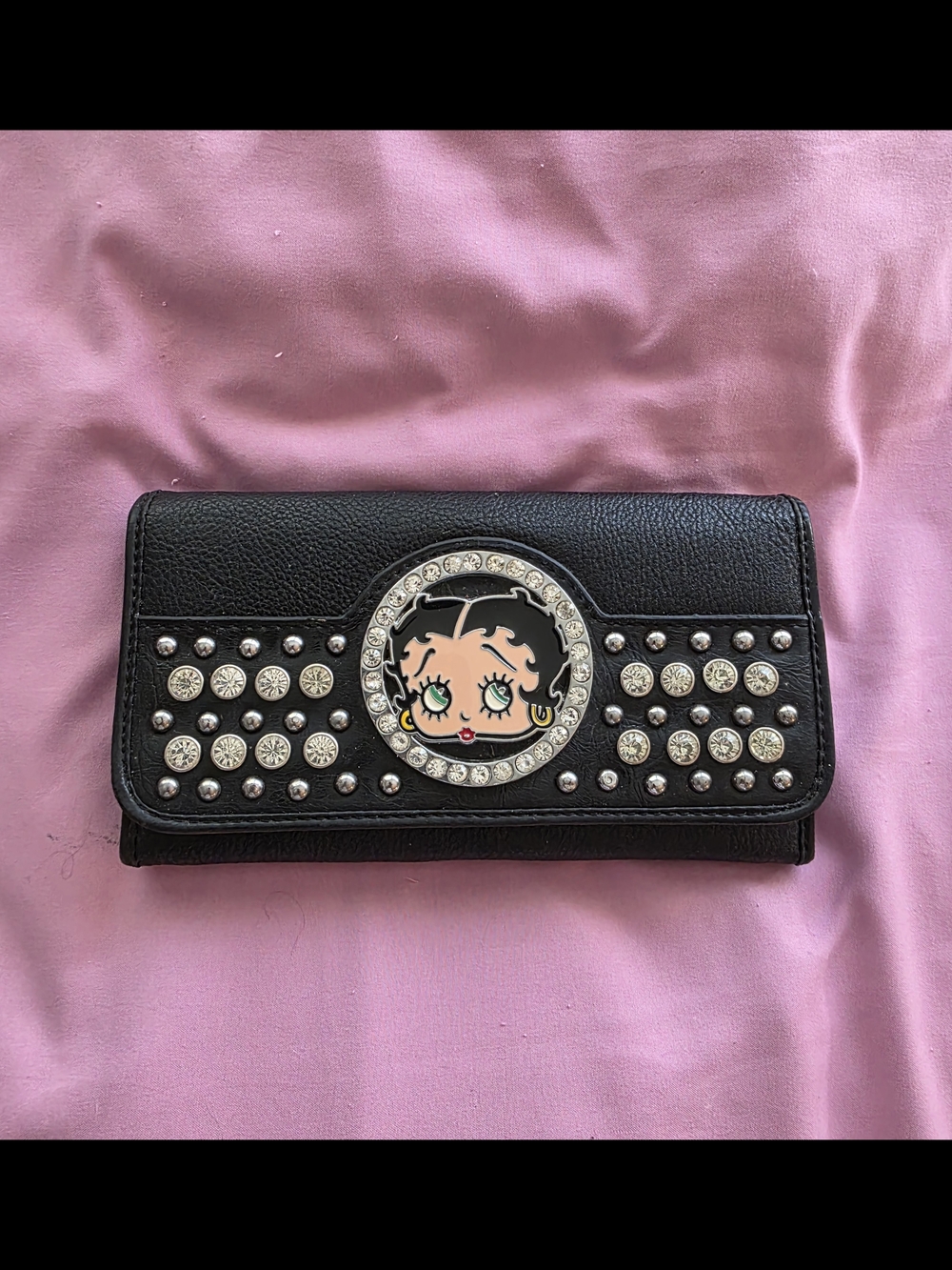 Betty Boop Black Leather  Studded Wallet with Crystal Accent